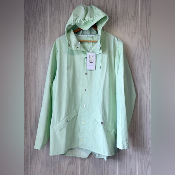 Rains Hooded Coated-Shell Jacket In Light Green Size L NWT - Picture 6 of 10